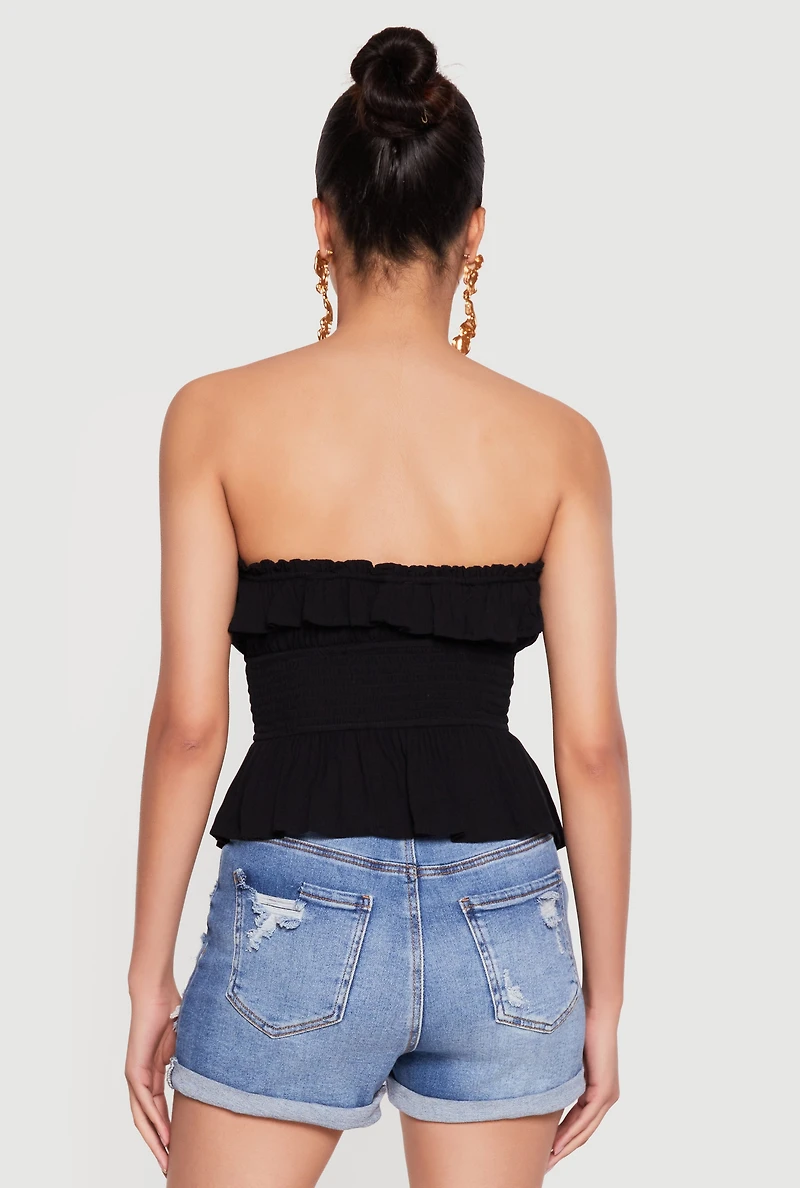 Gauze Knit Fold Over Peplum Tube Top