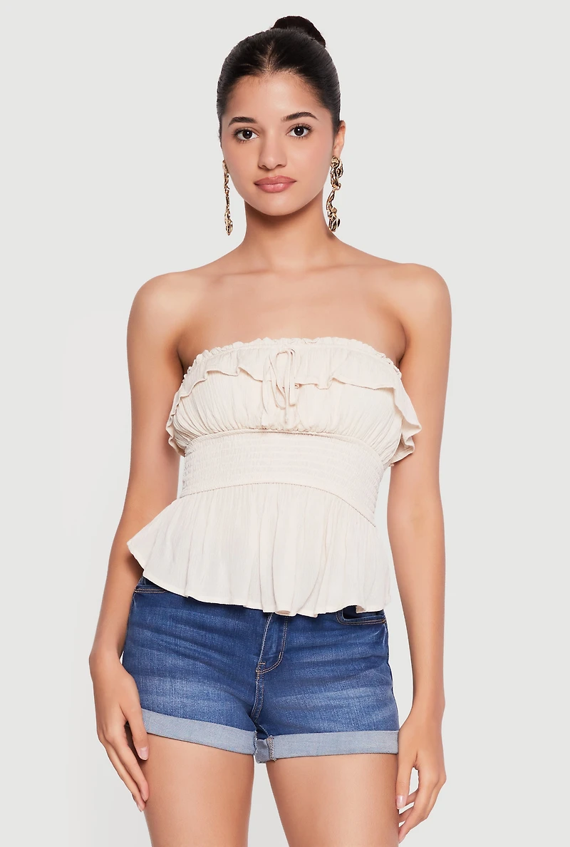 Gauze Knit Fold Over Peplum Tube Top