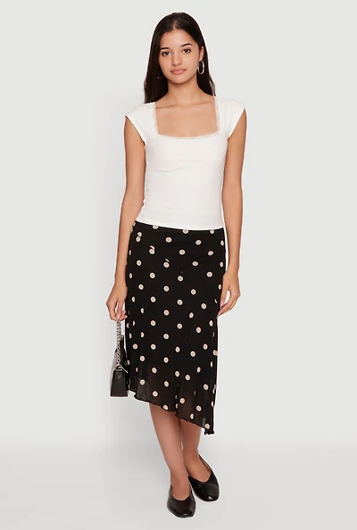 Ribbed Knit Lace Trim Cap Sleeve Tee