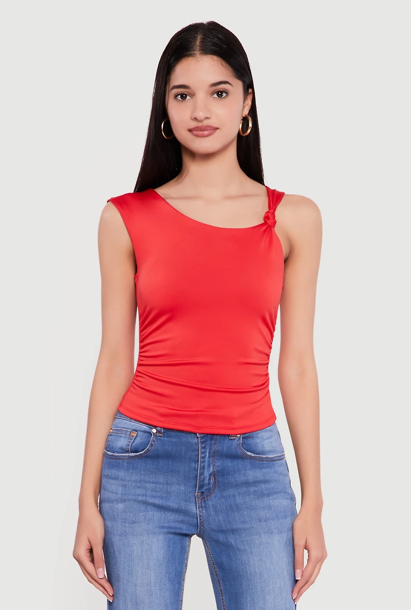 Asymmetrical Neck Ruched Sleeveless Top