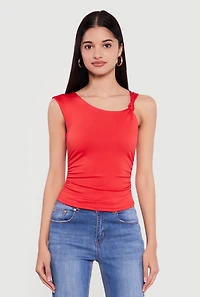 Asymmetrical Neck Ruched Sleeveless Top
