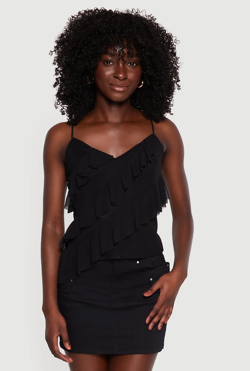 Mesh Ruffle Tiered V Neck Cami