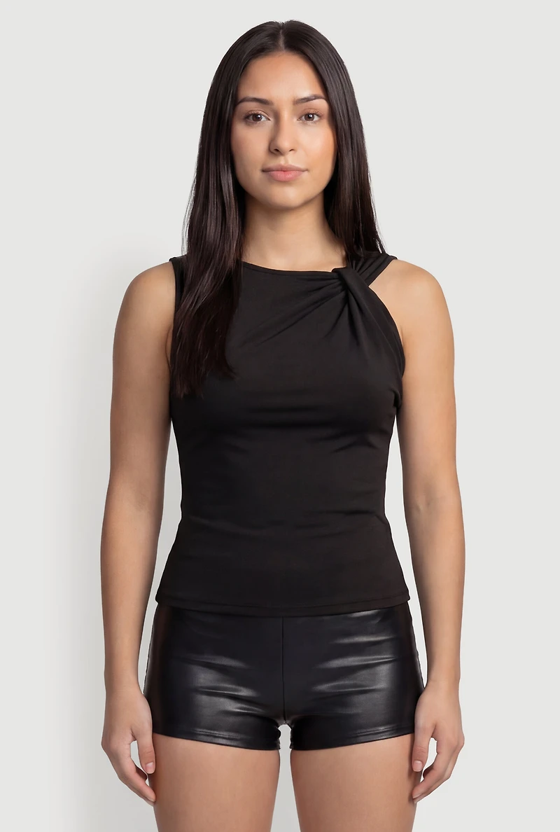 Sleeveless High Neck Blouse with Shoulder Twist Detail