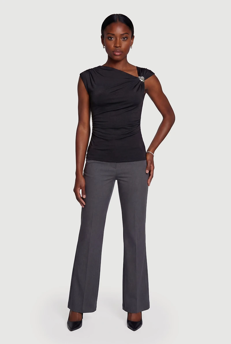 Asymmetrical Neckline Ruched Blouse with Metallic Detail