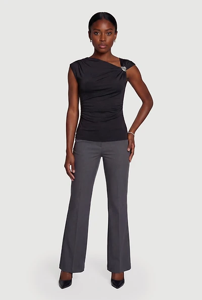 Asymmetrical Neckline Ruched Blouse with Metallic Detail