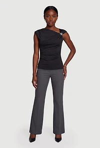 Asymmetrical Neckline Ruched Blouse with Metallic Detail