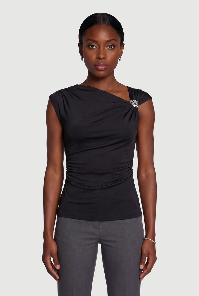 Asymmetrical Neckline Ruched Blouse with Metallic Detail