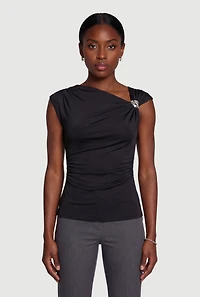 Asymmetrical Neckline Ruched Blouse with Metallic Detail