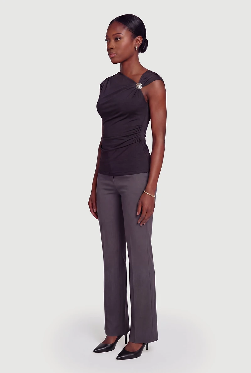 Asymmetrical Neckline Ruched Blouse with Metallic Detail
