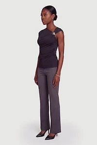 Asymmetrical Neckline Ruched Blouse with Metallic Detail