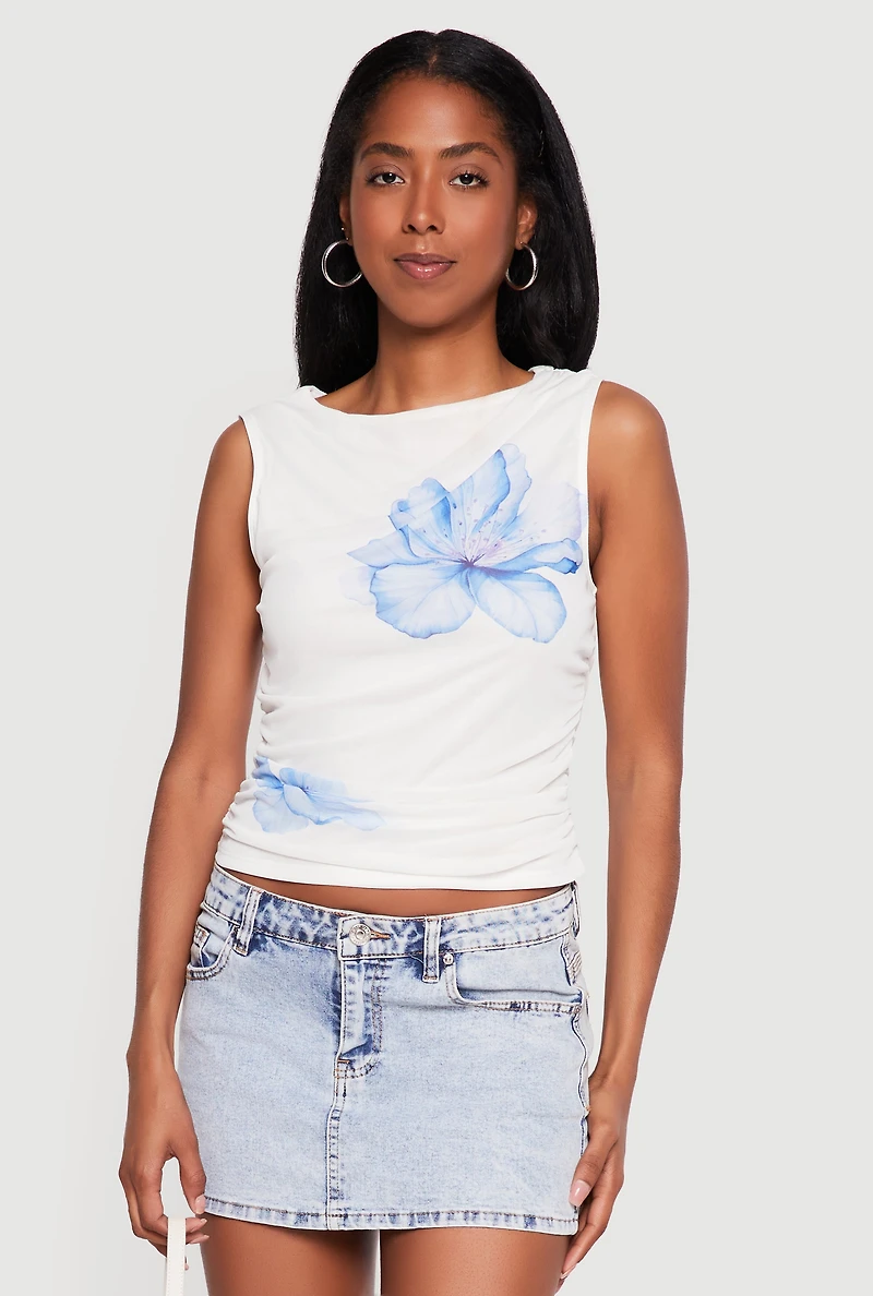 Floral Mesh Side Ruched Sleeveless Blouse