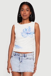 Floral Mesh Side Ruched Sleeveless Blouse