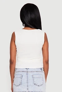 Floral Mesh Side Ruched Sleeveless Blouse