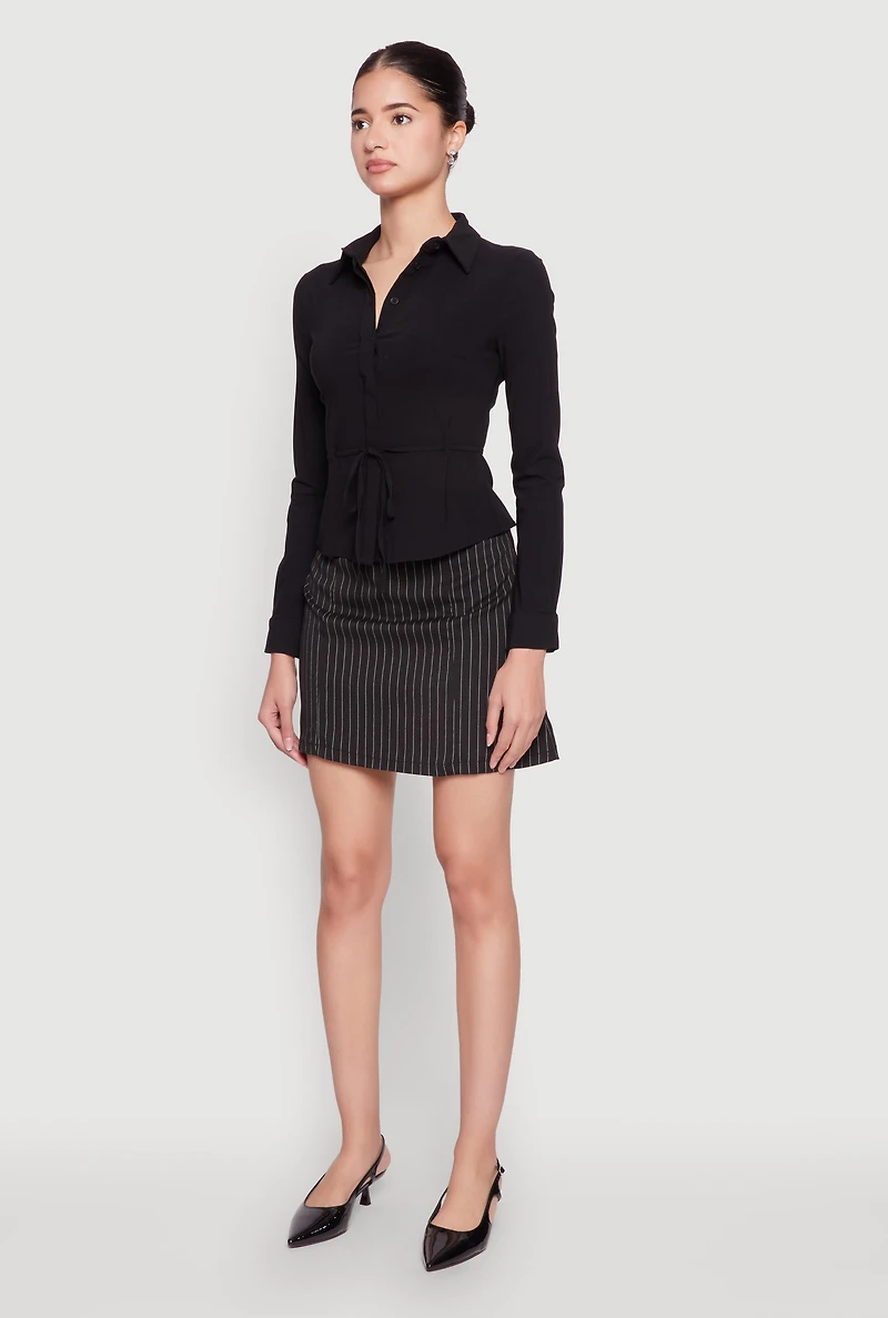 Womens Iris Tie Waist Button Front Shirt, Black, Size M