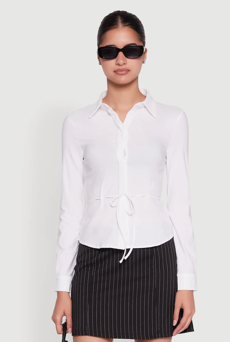 Womens Iris Tie Waist Button Front Shirt, White, Size S