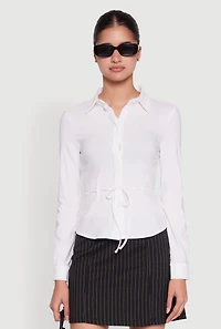 Womens Iris Tie Waist Button Front Shirt, White, Size S