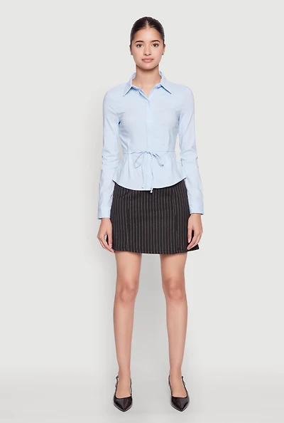 Womens Iris Tie Waist Button Front Shirt, Blue,