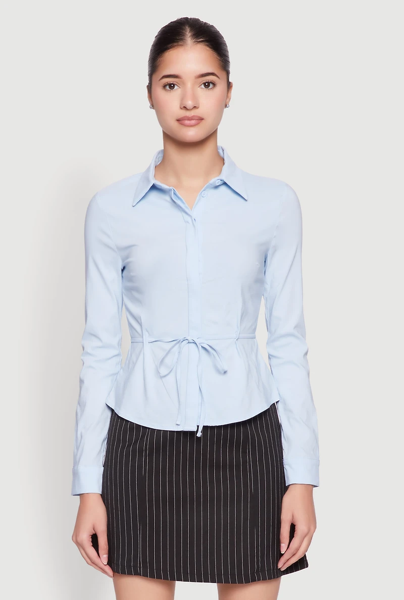 Womens Iris Tie Waist Button Front Shirt, Blue,