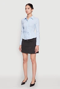Womens Iris Tie Waist Button Front Shirt, Blue,