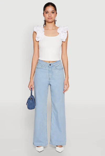 Womens Iris Ruffle Trim Scoop Neck Crop Top, White, Size L