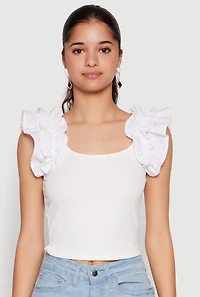 Womens Iris Ruffle Trim Scoop Neck Crop Top, White, Size M