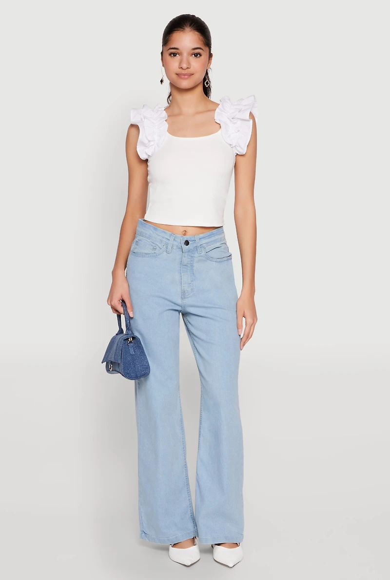Womens Iris Ruffle Trim Scoop Neck Crop Top, White, Size L