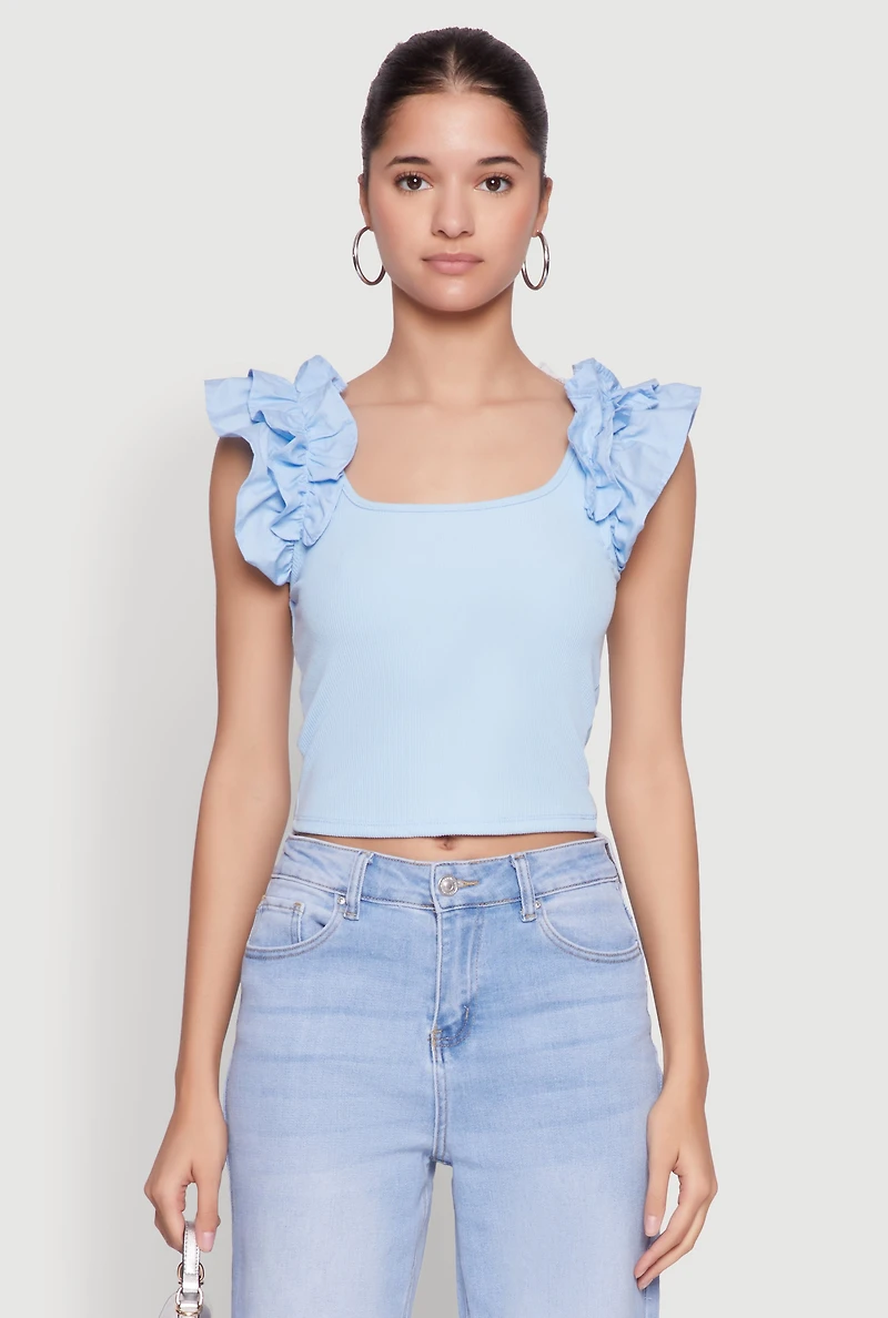 Womens Iris Ruffle Trim Scoop Neck Crop Top, S