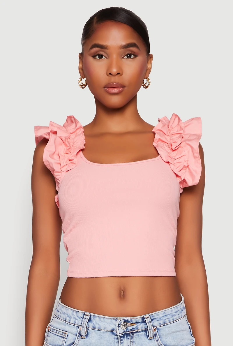 Womens Iris Ruffle Trim Scoop Neck Crop Top,