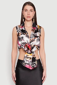 Womens Satin Printed Pattern Tie Front Blouse, Multi, Size S