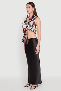 Womens Satin Printed Pattern Tie Front Blouse, Multi, Size S