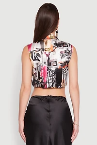 Womens Satin Printed Pattern Tie Front Blouse, Multi, Size S