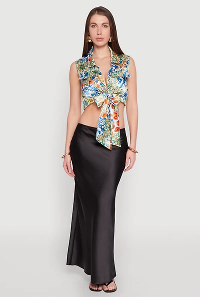 Womens Satin Printed Pattern Tie Front Blouse, Multi, Size S
