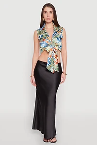 Womens Satin Printed Pattern Tie Front Blouse, Multi, Size S