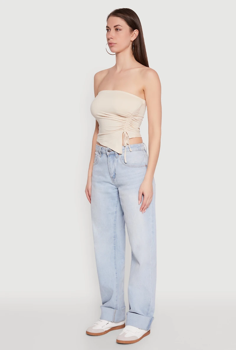 Womens Chic Tube Top with Ruching and Asymmetrical Design, Beige, Size S