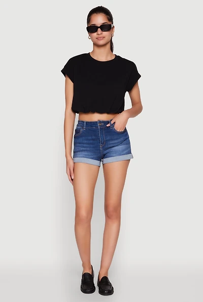 Womens Bubble Hem Cropped Tee, Black,