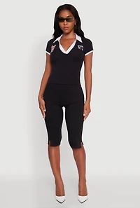 Womens Patch Graphic Contrast Trim Polo Top,