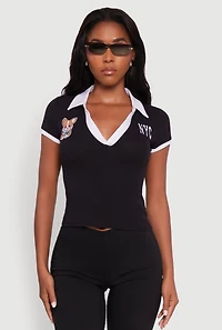 Womens Patch Graphic Contrast Trim Polo Top,