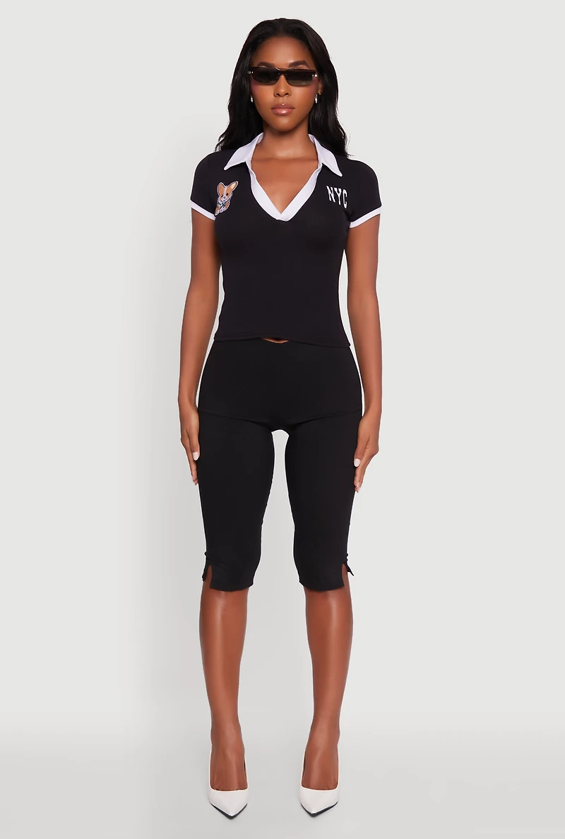 Womens Patch Graphic Contrast Trim Polo Top,