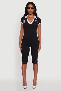 Womens Patch Graphic Contrast Trim Polo Top,