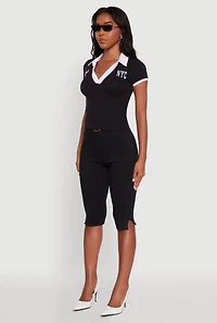 Womens Patch Graphic Contrast Trim Polo Top,