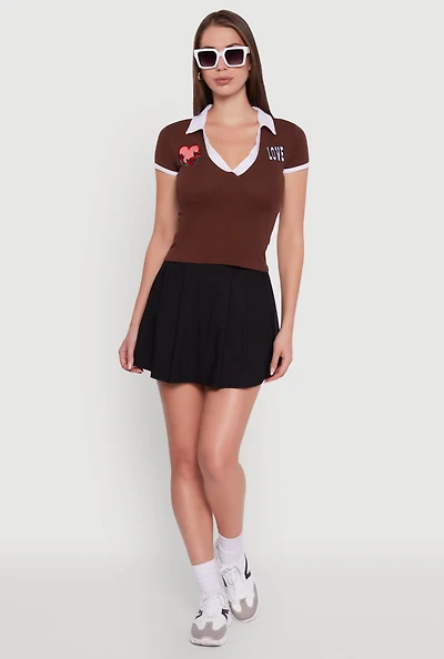 Womens Patch Graphic Contrast Trim Polo Top,