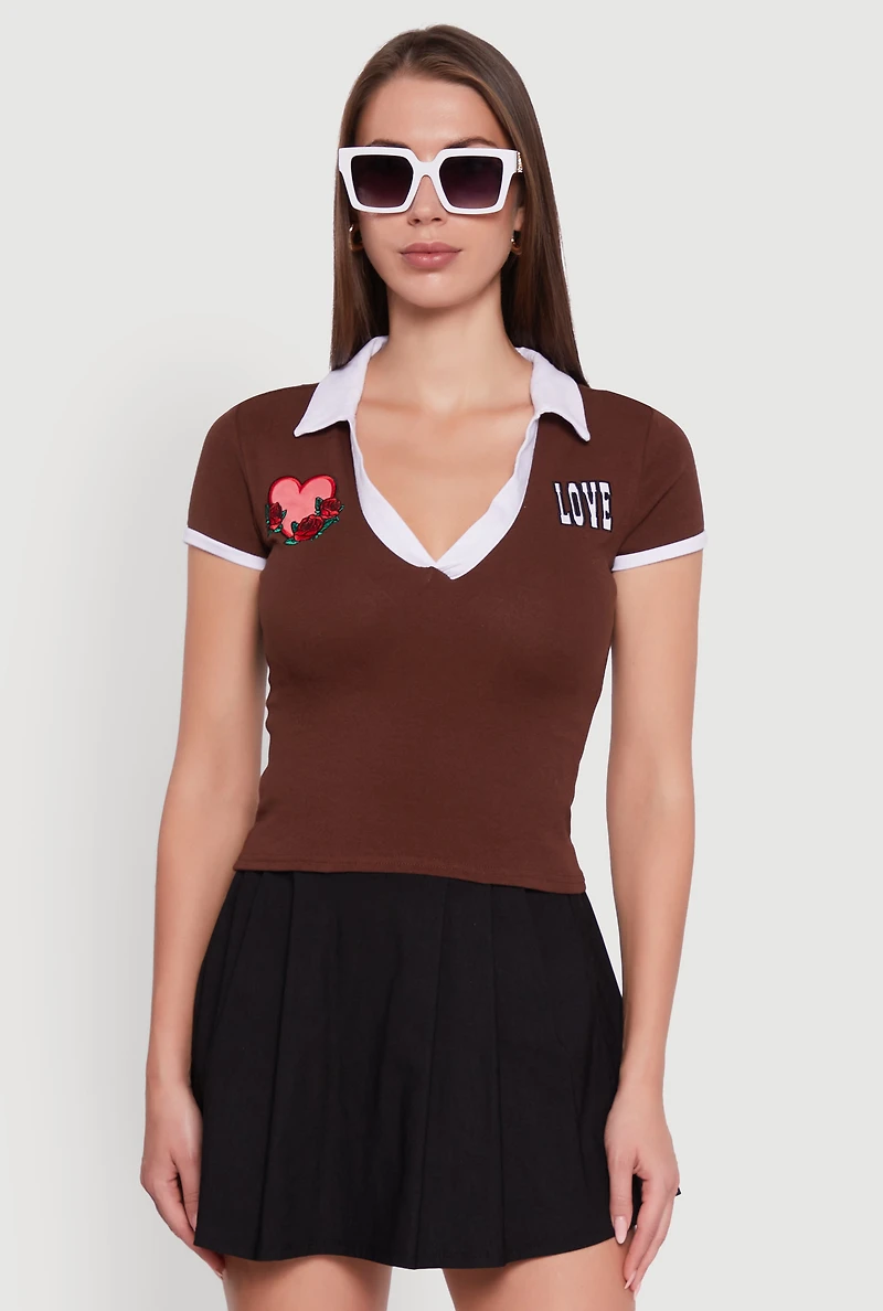 Womens Patch Graphic Contrast Trim Polo Top,