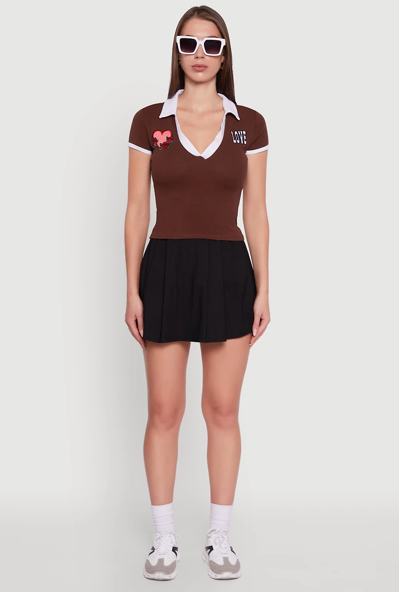 Womens Patch Graphic Contrast Trim Polo Top,