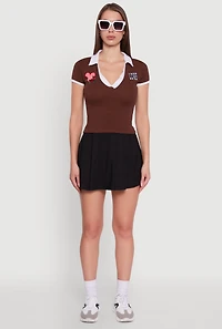 Womens Patch Graphic Contrast Trim Polo Top,