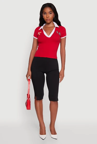 Womens Patch Graphic Contrast Trim Polo Top,