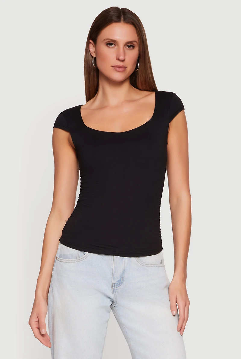 Solid Ruched Side Cap Sleeve Top