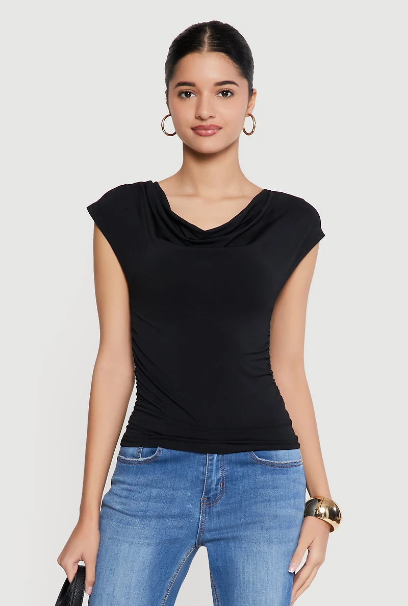 Ruched Side Cap Sleeve Cowl Neck Top