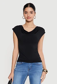 Ruched Side Cap Sleeve Cowl Neck Top
