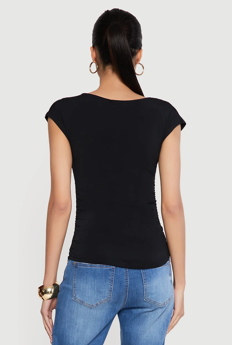 Ruched Side Cap Sleeve Cowl Neck Top