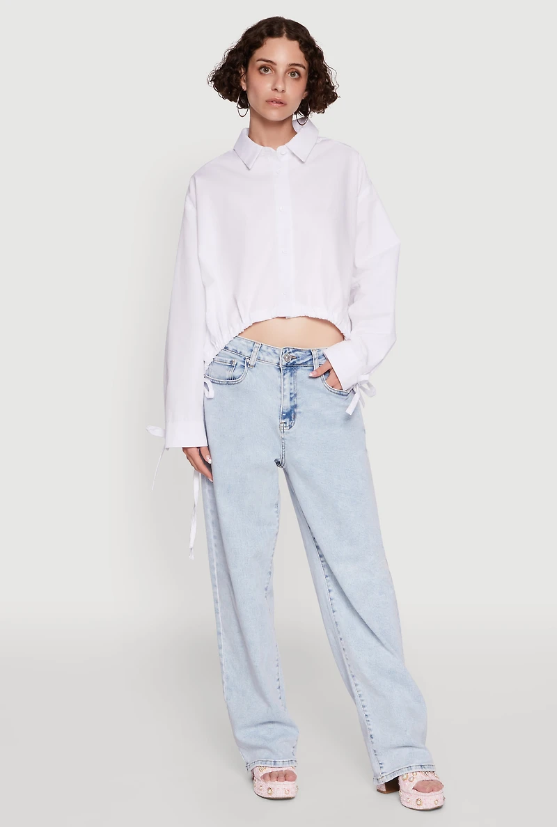 Womens Poplin Drawstring Hem Long Sleeve Shirt, White,